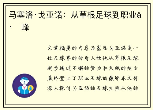 马塞洛·戈亚诺：从草根足球到职业巅峰